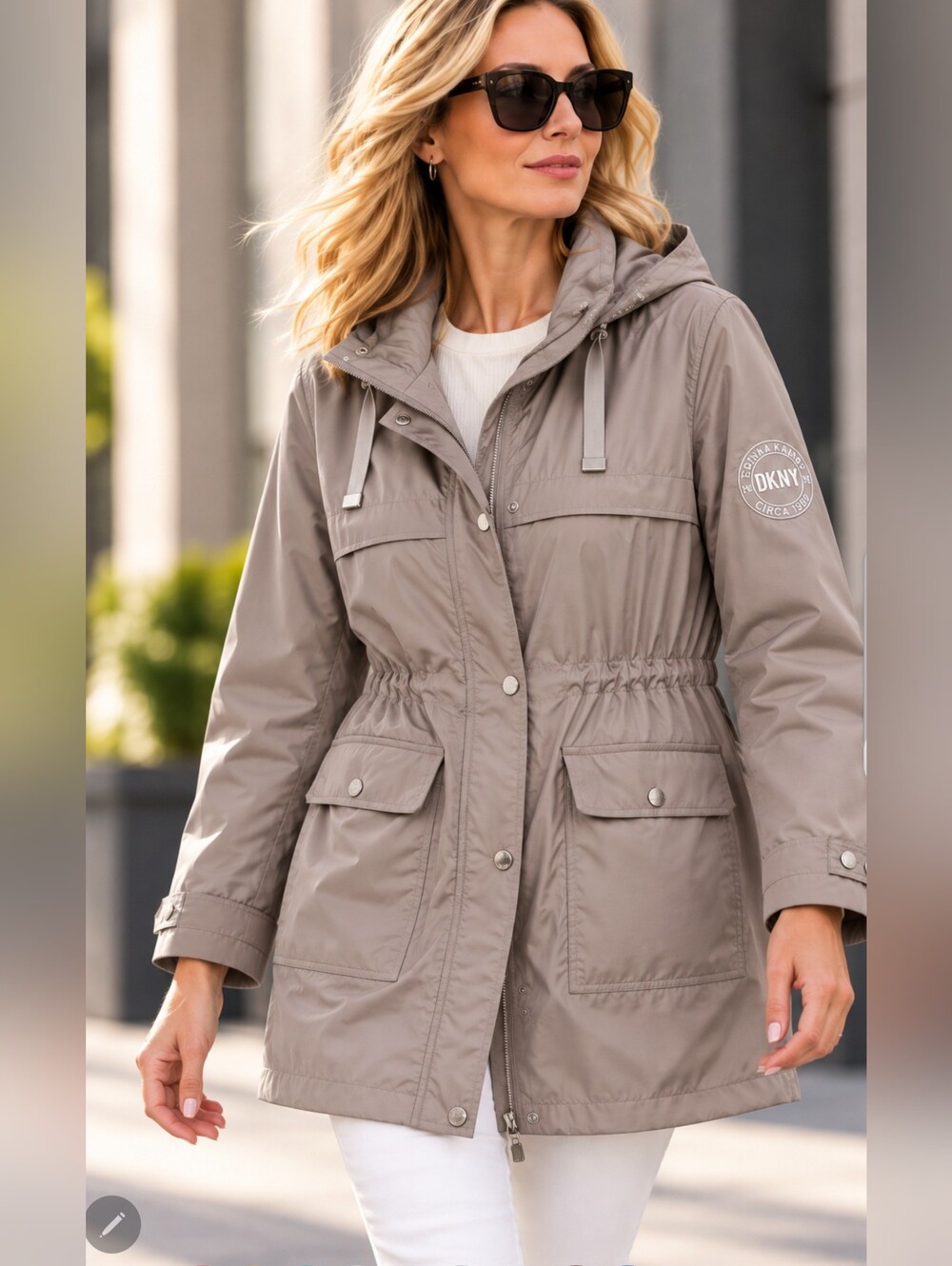 DKNY Lightweight Hooded Rain Jacket – Taupe – Size XL